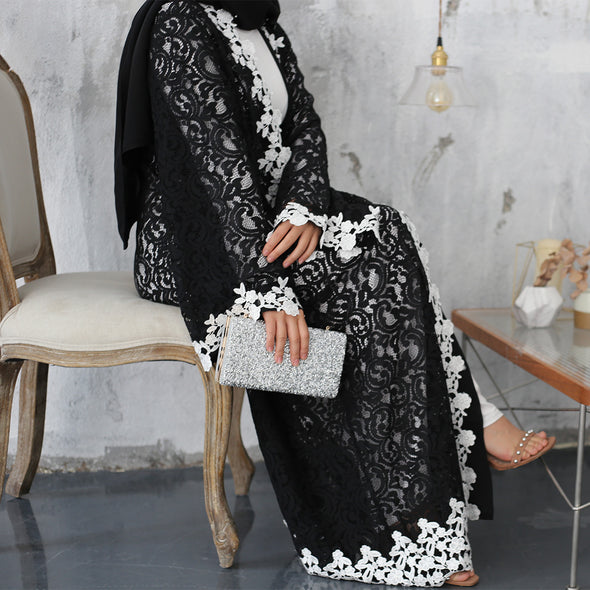 Black & White Lace Abaya - Xarrago