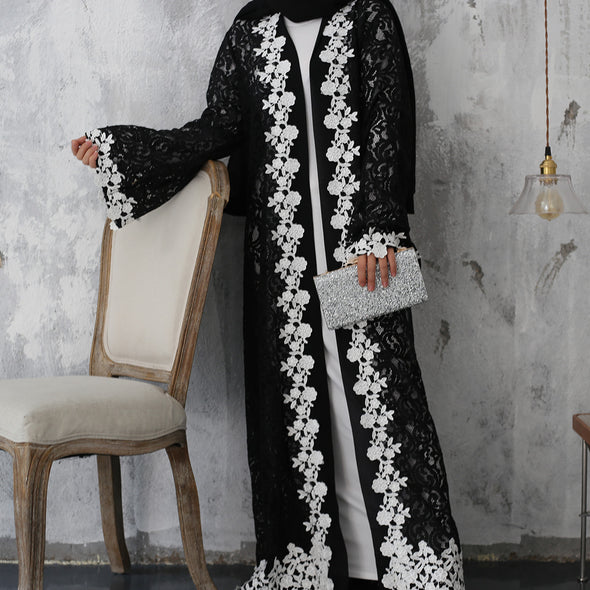 Black & White Lace Abaya - Xarrago